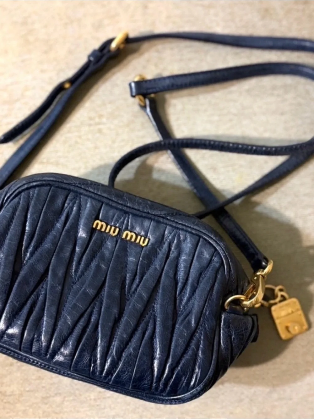 Miu Miu Quilted Navy Leather Crossbody with Gold Hardware